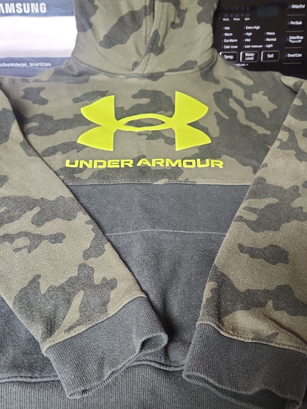 Under Armour Olive Camo Hoodie with Neon Yellow Logo